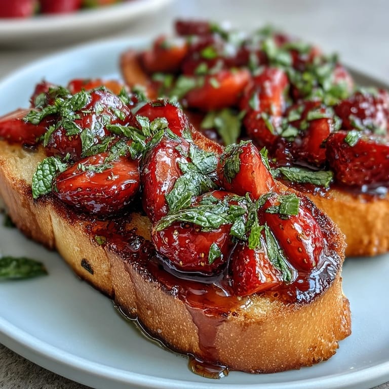Vibrant strawberry and mint bruschetta drizzled with balsamic reduction, offering a sweet and tangy bite for entertaining guests.  