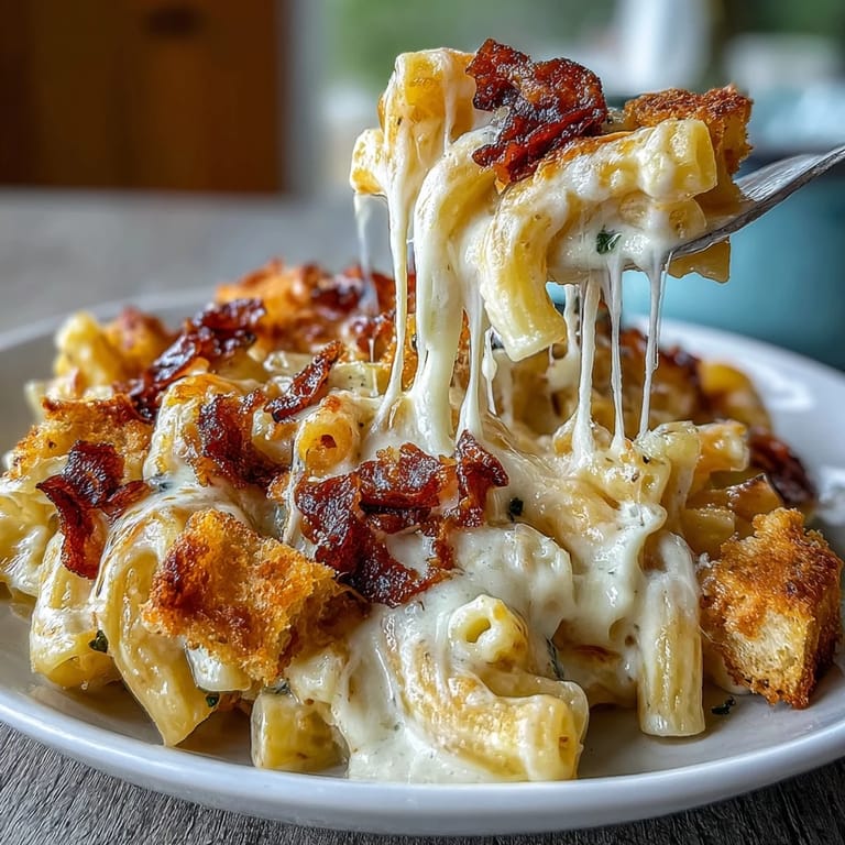 Rich, oven-baked mac and cheese featuring sharp cheddar and Colby Jack, topped with a crispy golden crust and bubbling cheese sauce.