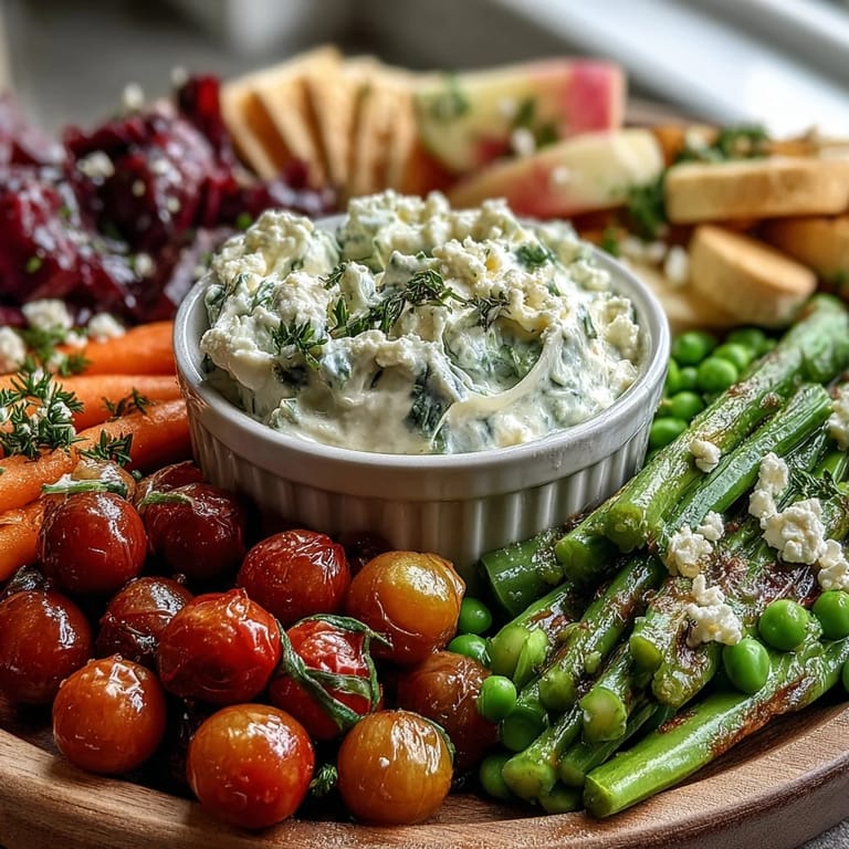 Fresh spring appetizer platter featuring crisp radishes, sweet peas, and creamy herb dip, garnished with microgreens for a pop of color.
