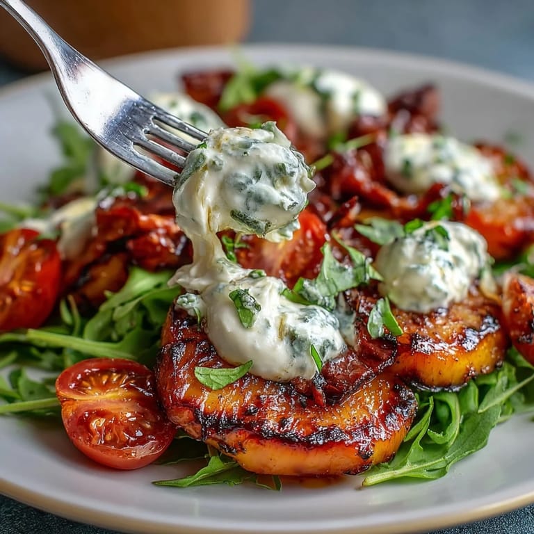 A colorful mix of sweet grilled peaches, fresh burrata, arugula, and cherry tomatoes drizzled with balsamic.