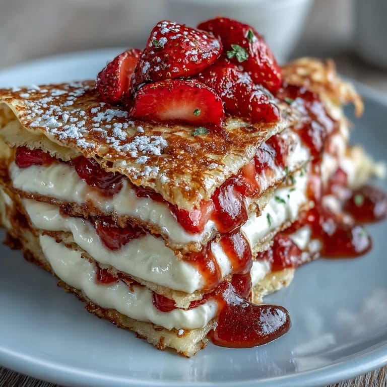 Layered strawberry crepe cake featuring thin, tender crepes stacked with silky vanilla cream and juicy, macerated berries.