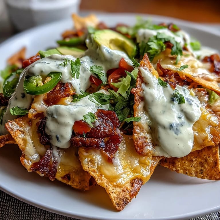 Creamy cheese sauce drizzled over warm tortilla chips, garnished with avocado, red onion, and fresh cilantro for a crowd-pleasing snack.  