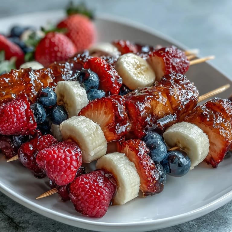 Patriotic fruit kabobs featuring strawberries, bananas, and blueberries — perfect for summer parties and holiday celebrations.
