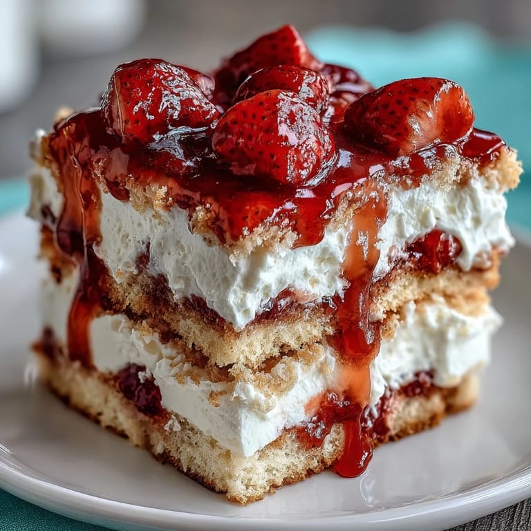 Beautiful Mothers Day strawberry shortcake trifle showcasing vibrant red berries, golden shortcake cubes, and fluffy vanilla cream in clear glass layers.