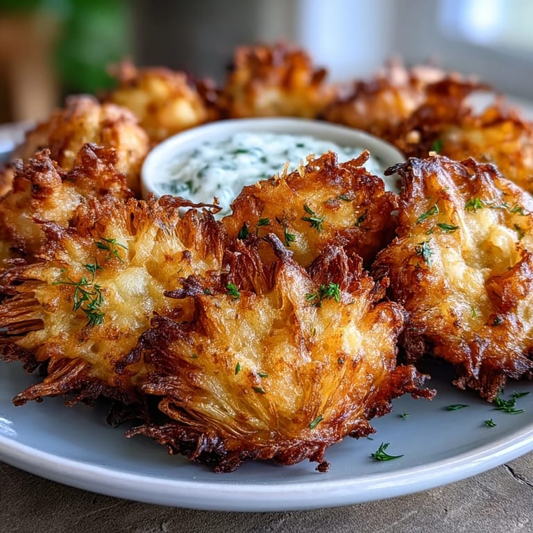 Delicate dandelion flowers fried in a light batter, paired with a creamy herb yogurt sauce for a unique appetizer.  