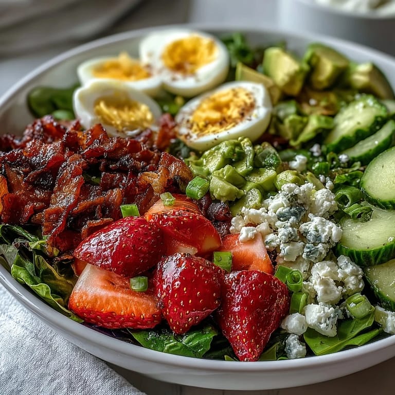 Vibrant Spring Cobb Salad with Strawberries and Avocado: rows of fresh strawberries, diced avocado, and hard-boiled eggs over mixed greens, finished with crumbled feta.