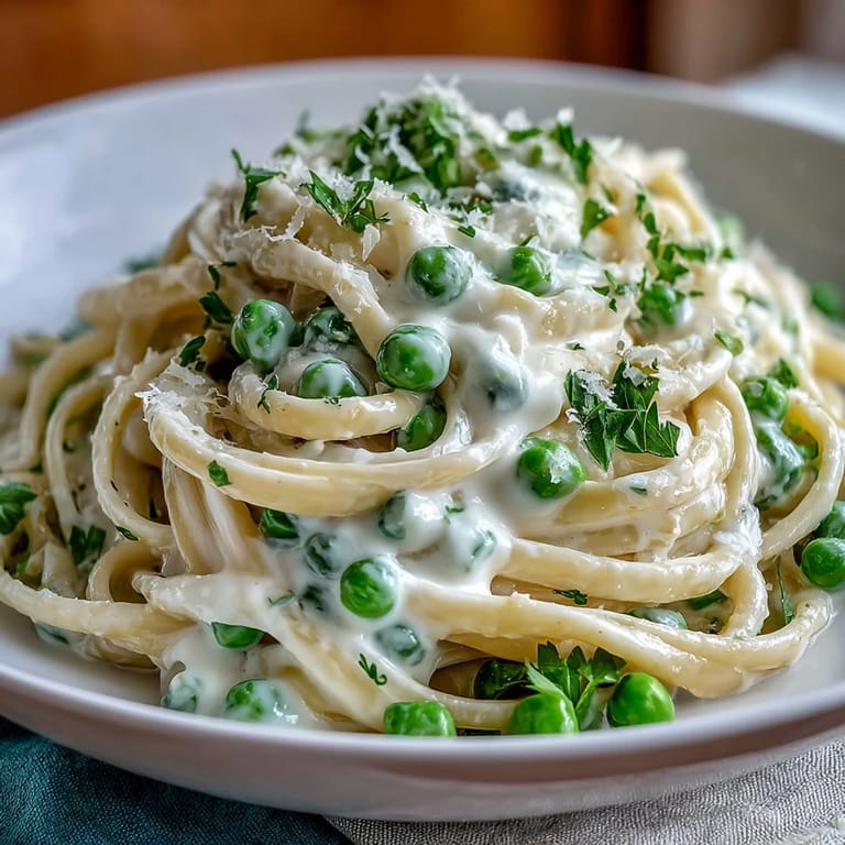 Bright and zesty ricotta lemon linguine with sweet peas, served in a white bowl with grated Parmesan on top.