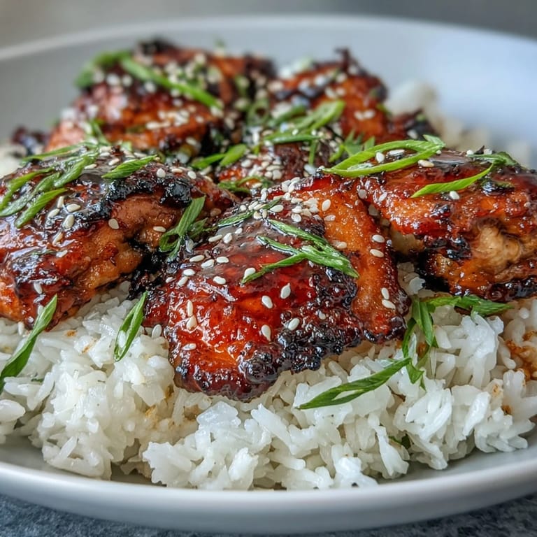 Tender honey garlic chicken thighs, slow-cooked to perfection, paired with aromatic rice and garnished with sesame seeds.
