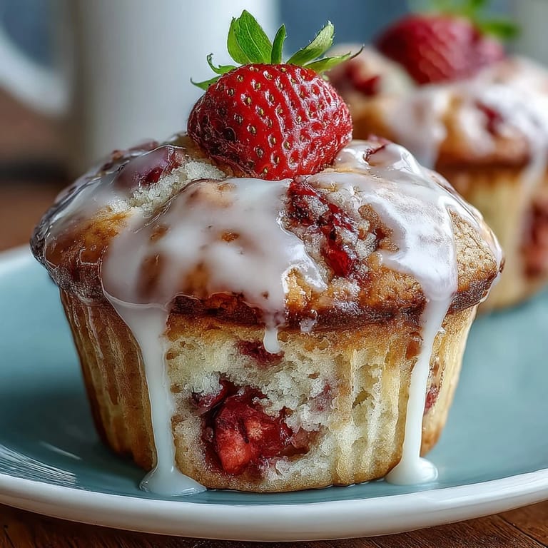 Freshly baked muffins bursting with strawberries and lemon zest, finished with a glossy lemon glaze—ideal for breakfast or a sweet afternoon snack.