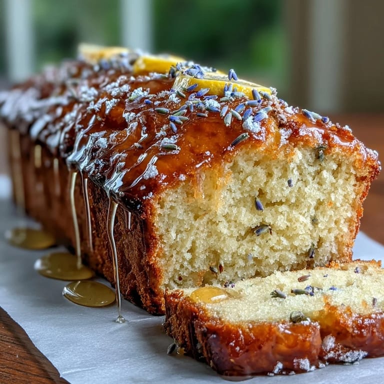 Fragrant Lemon Lavender Loaf Cake, a lovely slice with honey topping.