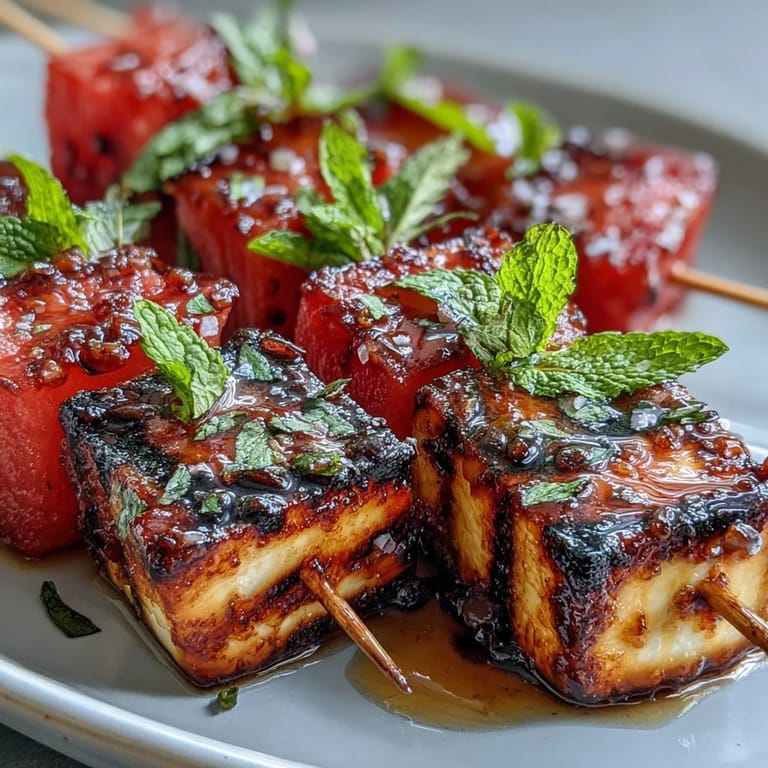 Juicy watermelon, savory halloumi, and fresh mint skewers on the grill.