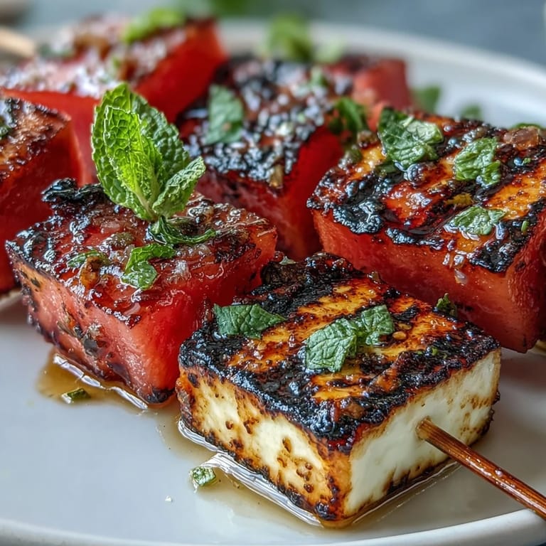 Appetizing halloumi skewers with watermelon and mint, grilled to perfection.