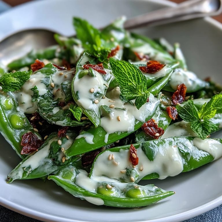 Fresh, colorful snap pea and radish salad dressed in bright lemon-tahini.