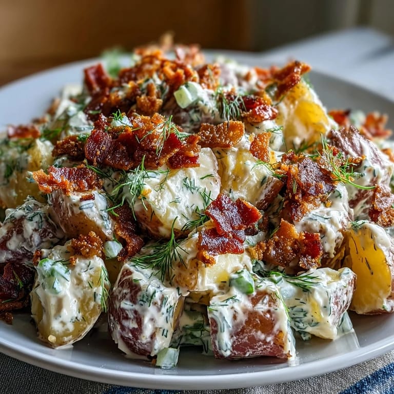 A close-up of delicious Memorial Day Potato Salad, ready for your picnic spread.