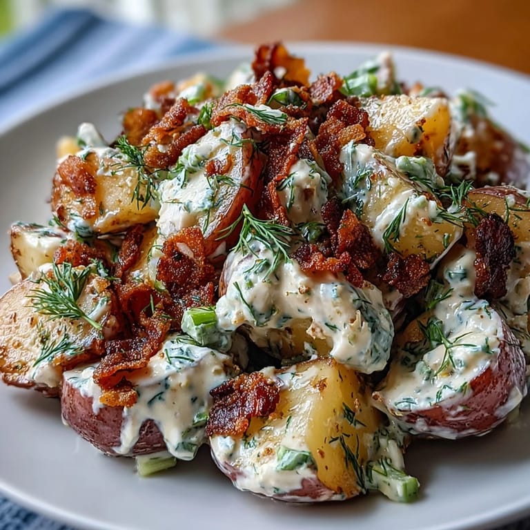 Vibrant Memorial Day Potato Salad with crumbled bacon, dressed perfectly for summer BBQs.