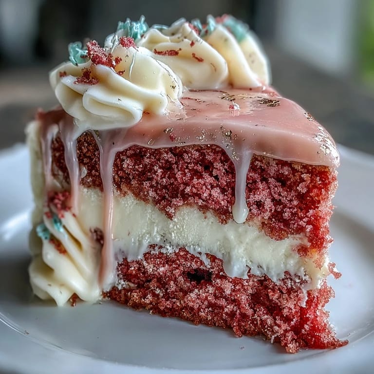Layers of delicate rosé-infused velvet cake frosted with creamy pink frosting and crowned with shimmering gold drip.