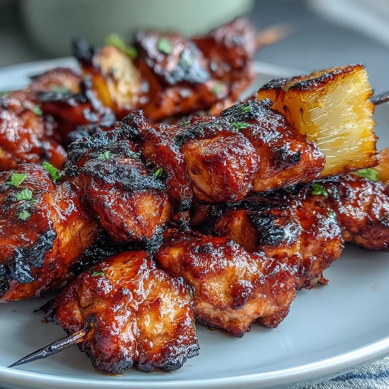 Perfectly charred Chicken Al Pastor Skewers, served with pineapple and cilantro garnish.
