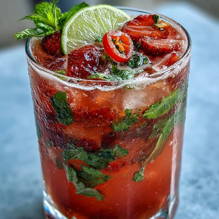 Vibrant red strawberry chili limeade mocktail, perfect for a cool summer afternoon treat.