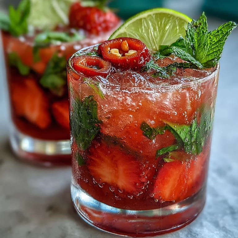 Deliciously frosty strawberry chili limeade mocktail, ready to quench your thirst.