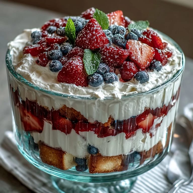 Beautifully layered Red White Blue Berry Trifle featuring fluffy cake and fresh fruit goodness.