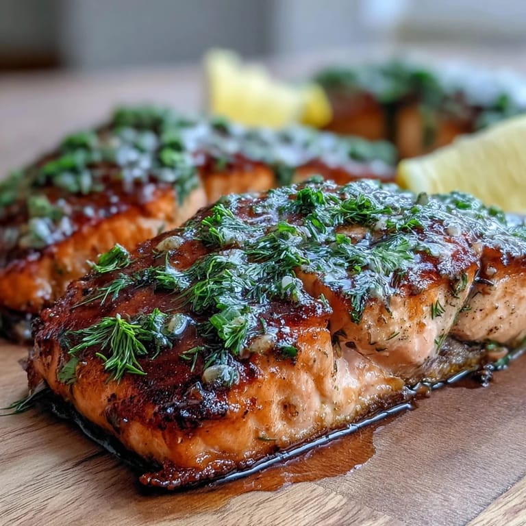 Beautifully grilled cedar plank salmon, its smoky aroma enhanced by sweet mustard glaze.