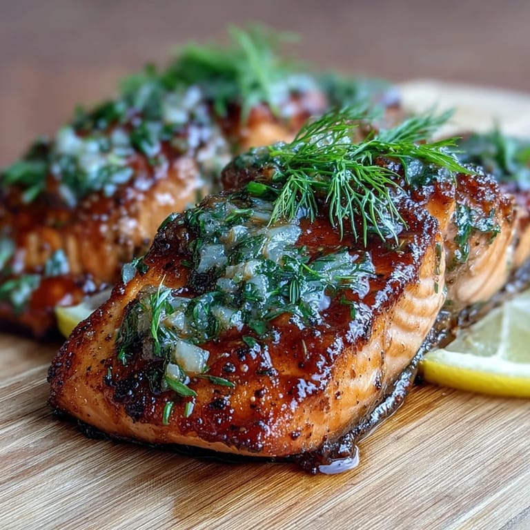 Picture-perfect maple Dijon glazed salmon fillets resting on a rustic cedar plank.