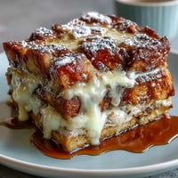 Freshly baked Monte Cristo Breakfast Casserole with golden, puffy top and powdered sugar dusting.