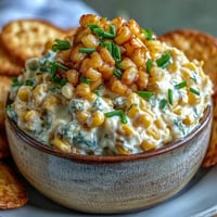 Creamy, baked Crack Corn Dip with golden, bubbly cheddar and chopped jalapeños, served with sturdy tortilla chips for dipping.