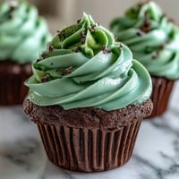 St. Patrick's Day green velvet cupcakes with cream cheese frosting, decorated with festive green sprinkles.