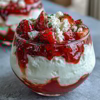 Strawberry compote over Greek yogurt with a drizzle of honey and fresh mint.