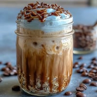Creamy Vanilla Bean Frappuccino Overnight Oats jar with espresso drizzle and whipped cream topping.