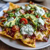 Soccer Game Day Nachos with Cheese Sauce piled high on crispy tortilla chips, topped with jalapeños, tomatoes, and cilantro.  