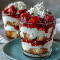 Layered strawberry shortcake trifle with fresh whipped cream and juicy berries, perfect for Mothers Day dessert celebrations.  
