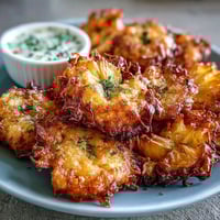 Crispy dandelion fritters with herb dipping sauce, golden and crunchy, served on a rustic plate with fresh herbs.  