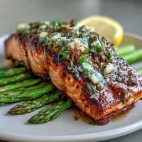 Garlic Butter Salmon with Asparagus, golden pan-seared fillets in a fragrant garlic butter sauce with crisp-tender asparagus.