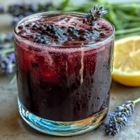 Vibrant blackberry lavender lemonade fizz with fresh berries and lemon garnish.