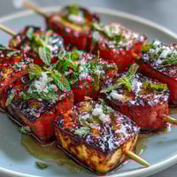 Golden grilled halloumi skewers with watermelon, mint, and red onion.