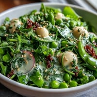 Vibrant snap pea and radish salad, drizzled with creamy tahini dressing.