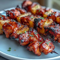 Juicy Grilled Chicken Al Pastor Skewers with Sweet Pineapple on the grill.