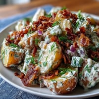 Memorial Day Potato Salad photograph showcasing creamy texture, bacon bits, and fresh dill garnish.