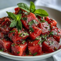 Refreshing watermelon chili lime salad with mint, bursting with summer tang.