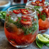 Bright strawberry chili limeade mocktail bursting with refreshing citrus and subtle spice.