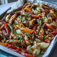Sheet Pan Chicken Fajitas, colorful peppers, and tender chicken roast beautifully.