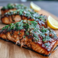 Succulent cedar plank salmon with a glistening maple Dijon glaze, ready to serve.